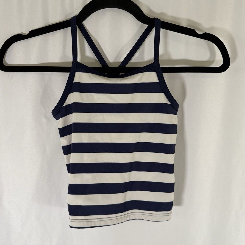 Hanna Anderson Swim Top Girls 6 7 120 CM Blue White Striped Stretch